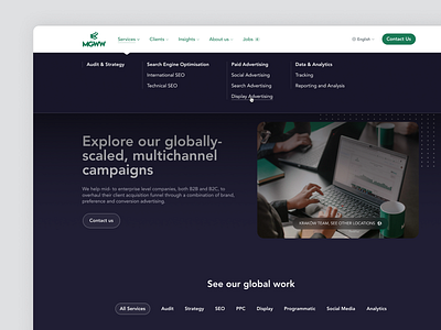 MediaGroup Worldwide — Website Navigation agency business clean desktop graphic design header homepage marketing minimalistic navbar navigation ui website