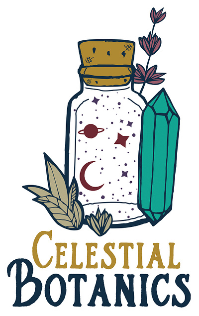 Celestial Botanics Bottle Logo botanics bottle branding business celestial crystal design graphic design illustration logo moon plant print soaps stars typography vector visual identity