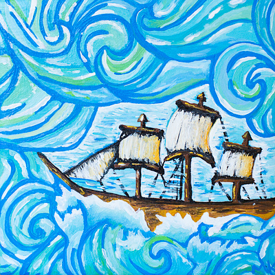 Lost at Sea acrylic art artwork blue boat green ocean paint painting sea ship water waves