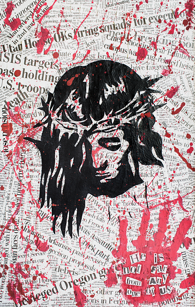Acts 17:27 art artwork bible black collage jesus newspaper paint painting print red scripture white
