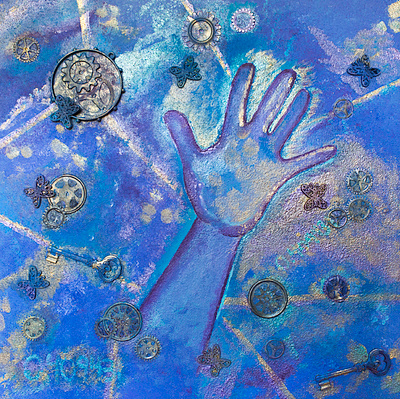 Starmine Rendevous acrylic art artwork collage gears hand keys mixed media paint painting stars