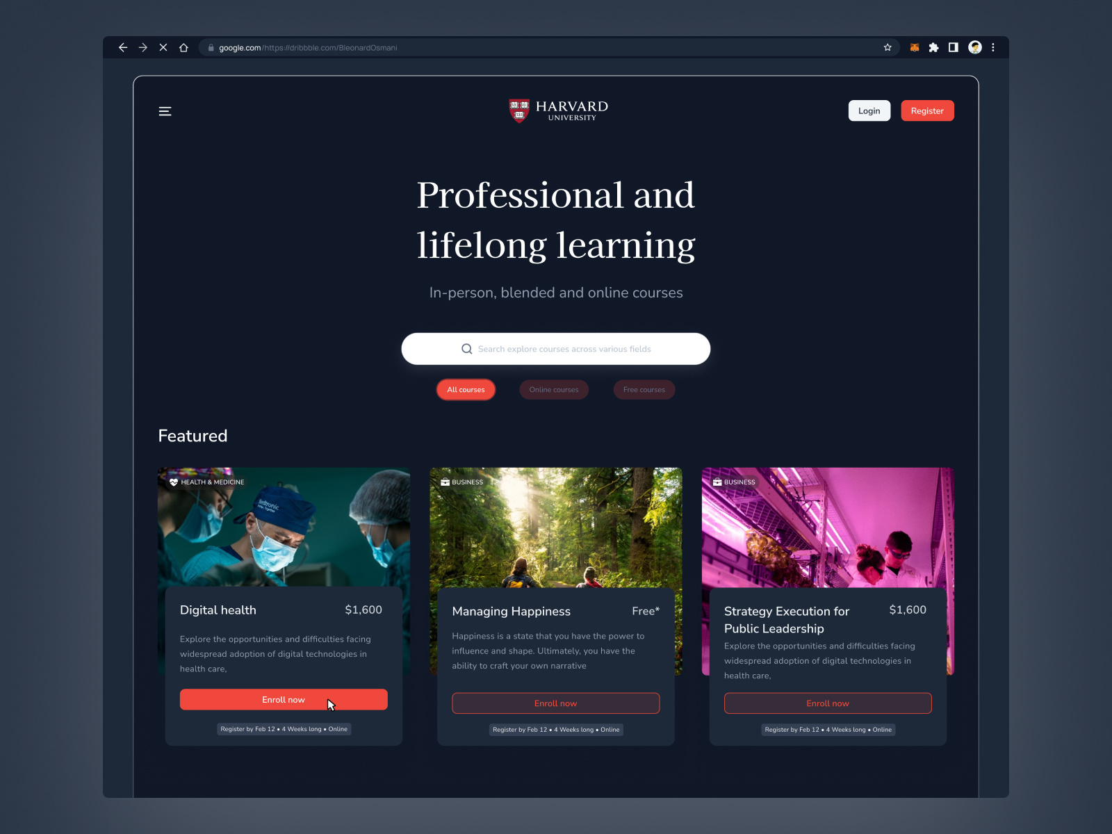 Harvard University - Hero Redesign Dark Mode branding clean dark dark mode dark ui design dribbble pro featured graphic design harward illustration inspiration inspire logo ui university user experience user interface ux website