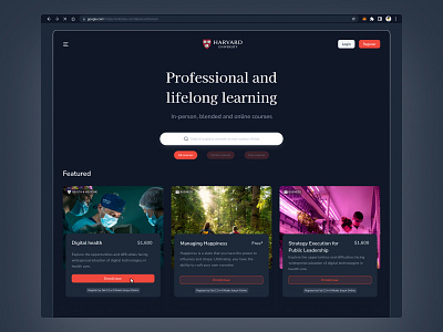 Harvard University - Hero Redesign Dark Mode branding clean dark dark mode dark ui design dribbble pro featured graphic design harward illustration inspiration inspire logo ui university user experience user interface ux website