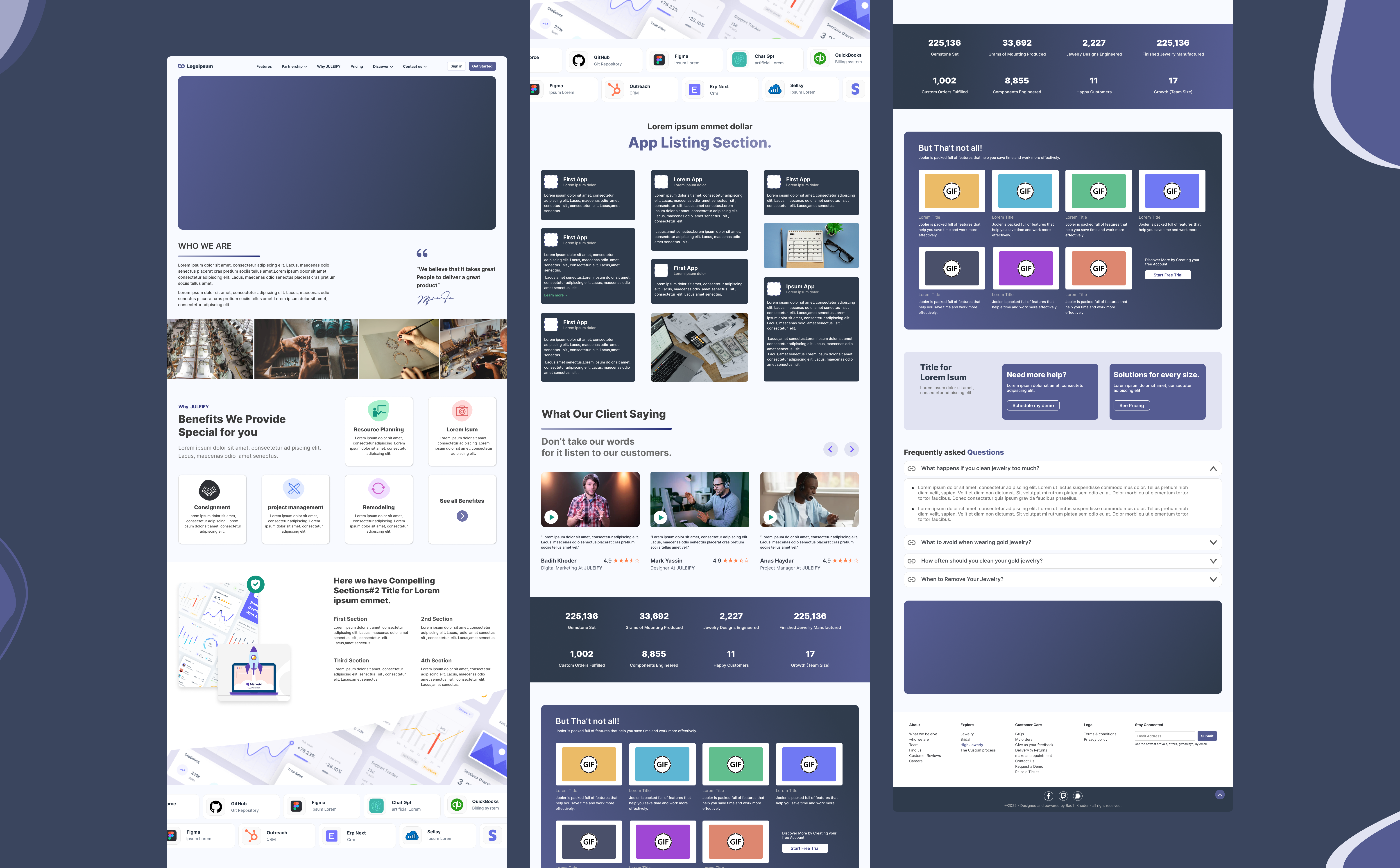 A Captivating Landing Page ✨ apps benefits branding clients crm digital art erp feedback frequently asked questions integrations jewellery jewelry landingpage product design purple review sections ui who we are whyus