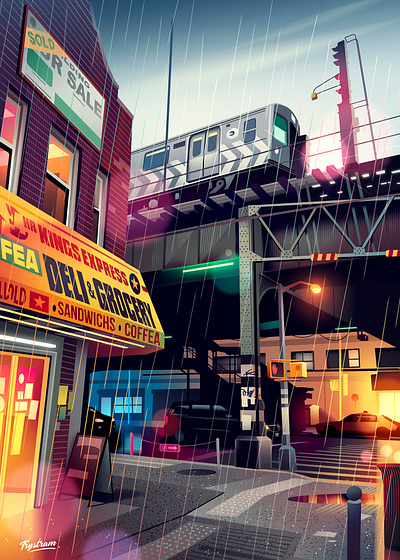 Nyc ambiance city downtown illustration light neon rain retro streetlife travel walk