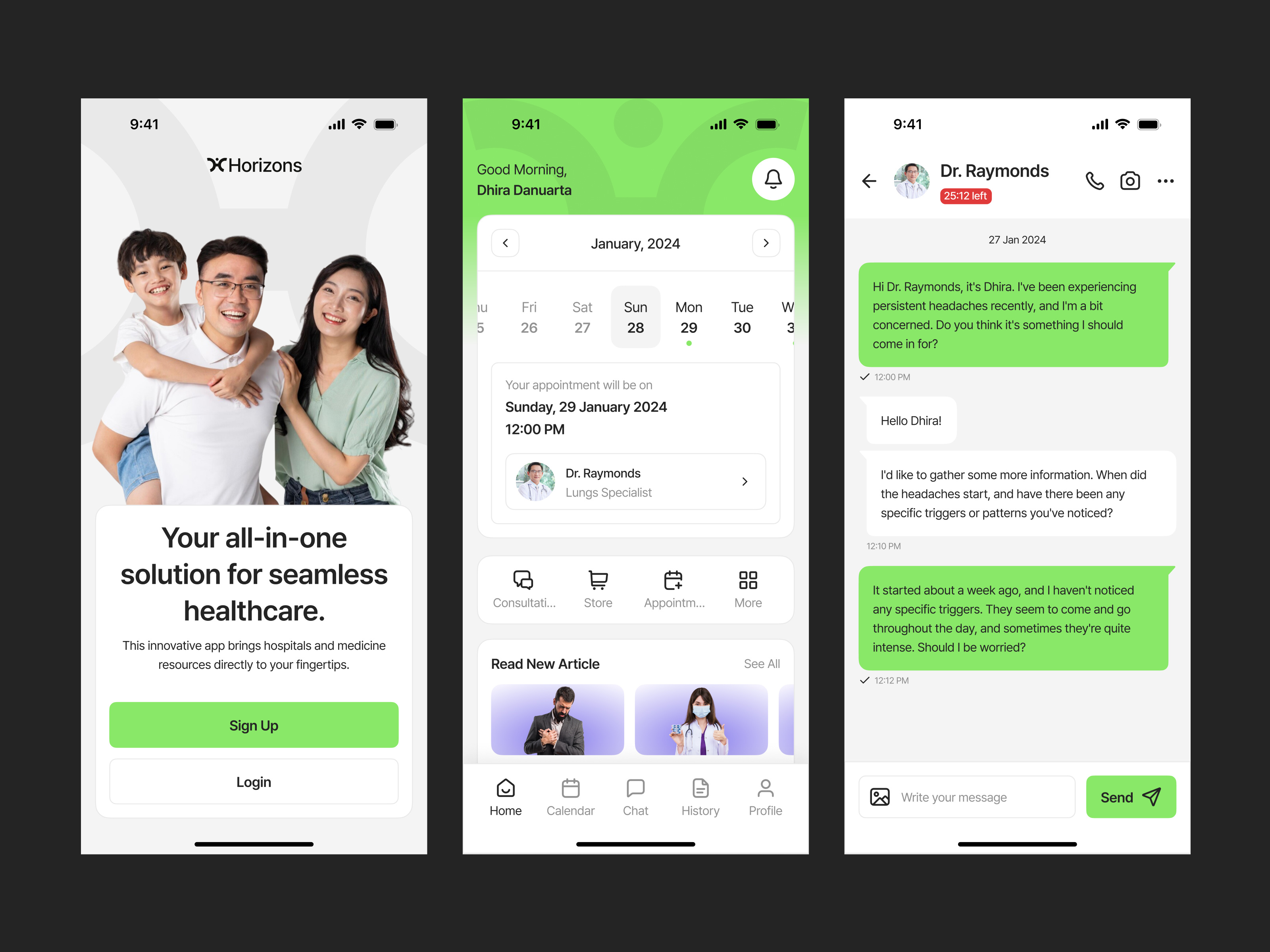 Horizons - Healthcare app app appointment booking design doctor green health healthcare healthy hospital medical medicine mobile schedule ui ui design uiux virtual care