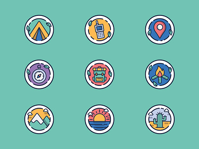Adventure Badges adventure backpack badge beach cactus camp camping compass design hiking illustration journey mountain mountains nature ocean outdoor tent tourism travel