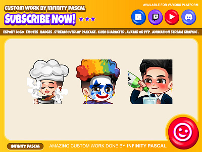 🤡👨🏼‍🍳Custom OC Emotes🍸🍾 animation artwork concept art custom design digital art digital drawing discord freelancer graphic designer illustrator kick loyalty badges open commission original character streamer twitch twitter youtube