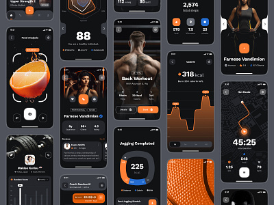 sandow UI Kit: AI Fitness & Nutrition App 🏋️‍♀️ activity tracker ai fitness app blue bold dark mode fitness fitness ai fitness app fitness metric fitness tracker fitness ui gym app healthcare modern nutrition app orange virtual ai coach virtual fitness coach workout workout app