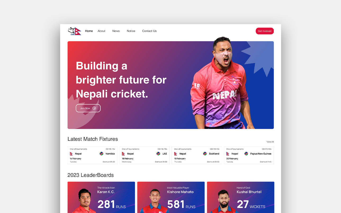 Cricket Association Nepal Website caan cricket cricketassociation nepal nepali ui ux website