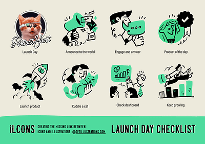 Launch Day Checklist advertising analytics business cat chat content creator funnel icon ilcons illustrations launch marketing newsletter product hunt review rocket startup success team web icon