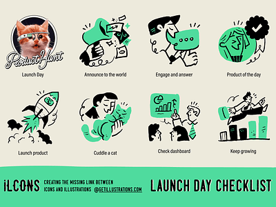 Launch Day Checklist advertising analytics business cat chat content creator funnel icon ilcons illustrations launch marketing newsletter product hunt review rocket startup success team web icon
