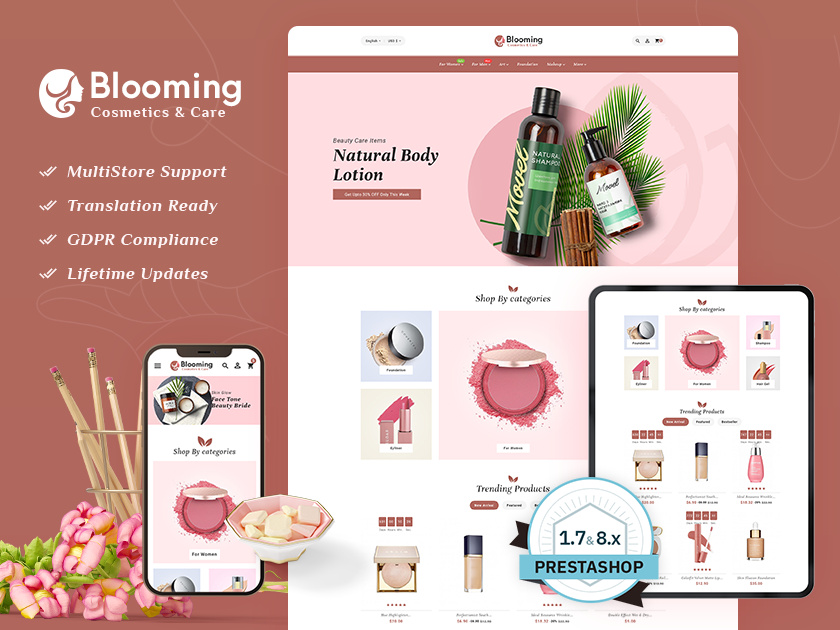Blooming Cosmetics & Skin Care – eCommerce Responsive Theme blooming bootstrap care cosmetics ecommerce illustration opencart prestashop shopify templatetrip unique woocommerce wordpress