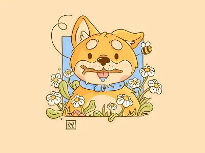 Picking Daisies bugs cartoon character design cute daisies design digital art dog flower feild flowers illustration kawaii kazmology procreate puppy
