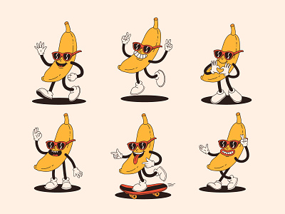 Groovy banana banana cartoon character concept cool design fruit glasses groovy illustration poses retro vector