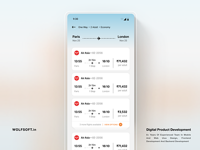 Flight Search Result android book booking card view cards dart design expandable card flight flutter ios list view mobile mobile app online result search ui uiux ux