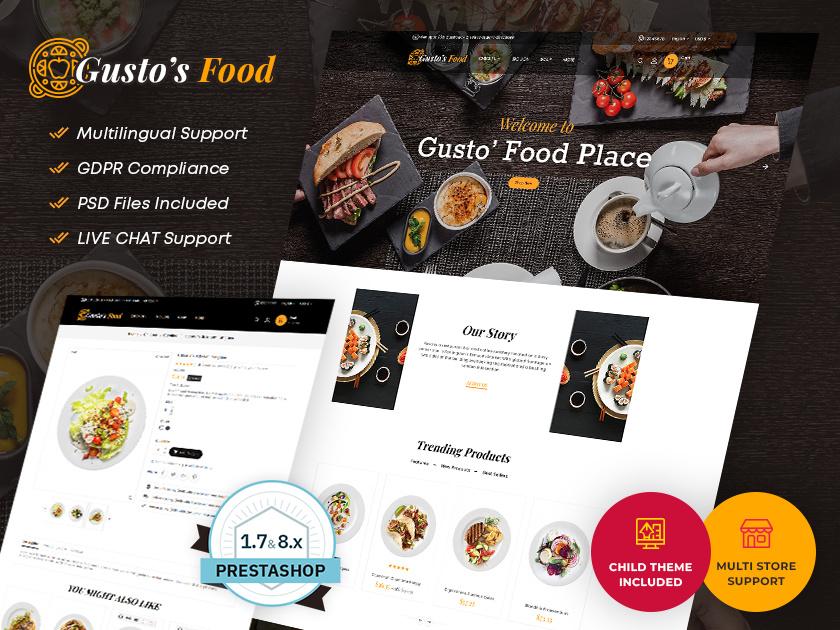 Gusto Food – Dishes & Restaurants – eCommerce Responsive Theme burger design drinks ecommerce fast food gusto illustration online store opencart pizza prestashop restaurant shopify templatetrip wine woocommerce wordpress
