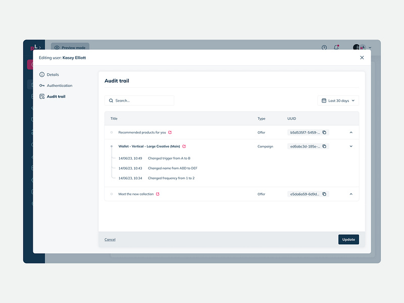 Audit Trail modal for SaaS platform app appdesign audittrail figma modal platform productdesign saas software ui uidesign ux uxdesign