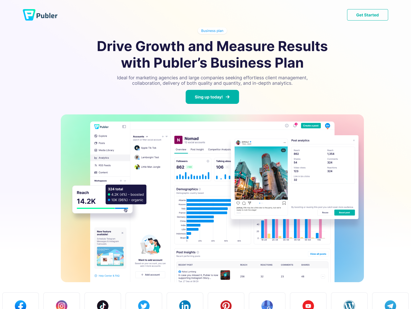Marketing Landing Page - Publer analytics bar business chart developer development framer growth landing marketing measurement media page pie plan publer smm social ui ux