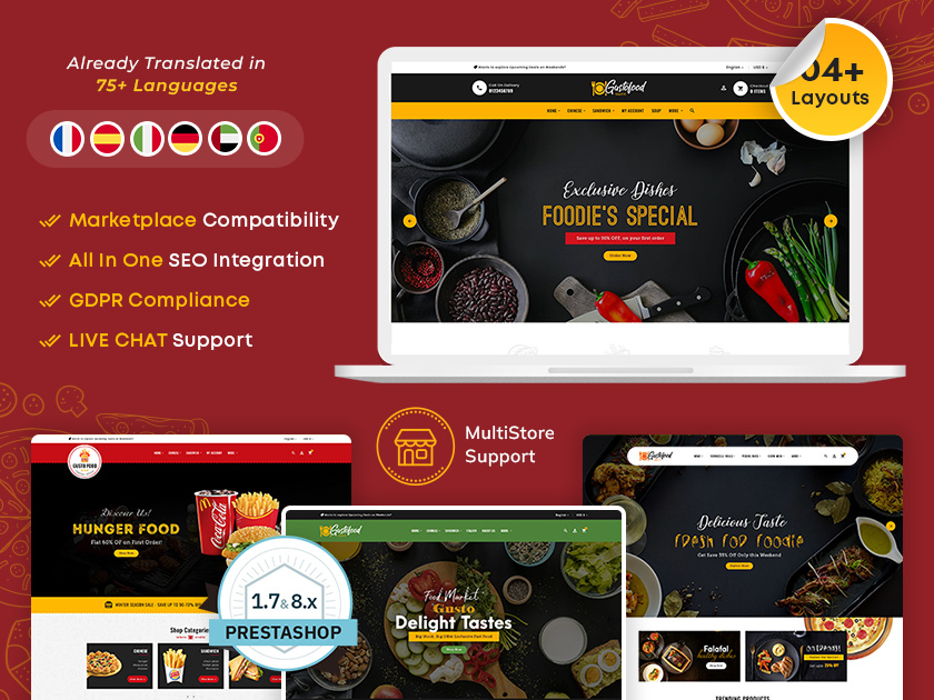 Gusto Food & Restaurants – eCommerce Responsive Theme bakery bar burger delicious design drinks ecommerce fast flavor food gusto illustration italian mexican opencart prestashop shopify templatetrip woocommerce wordpress
