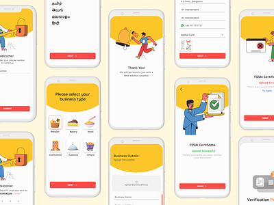 Food Application | On-boarding Screens autentication e commerce empty state fields food forms home illustration login onboarding otp phone number profile red signin signup successful verifiation walkthrough yellow