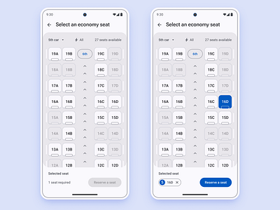 Select an seat which you want booking chip material design reservation seat select train transportation travel ux