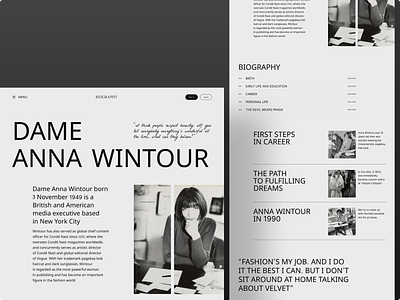 Concept of the biographical website of Anna Wintour biographical black and white branding graphic design grids hero page landing page typography ui