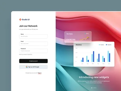 SignUp for Workspace branding chart clean create account creative dashboard graph login network sign up sign up form sign up screen studio ui ui ui kit uiux ux web widgets workspace