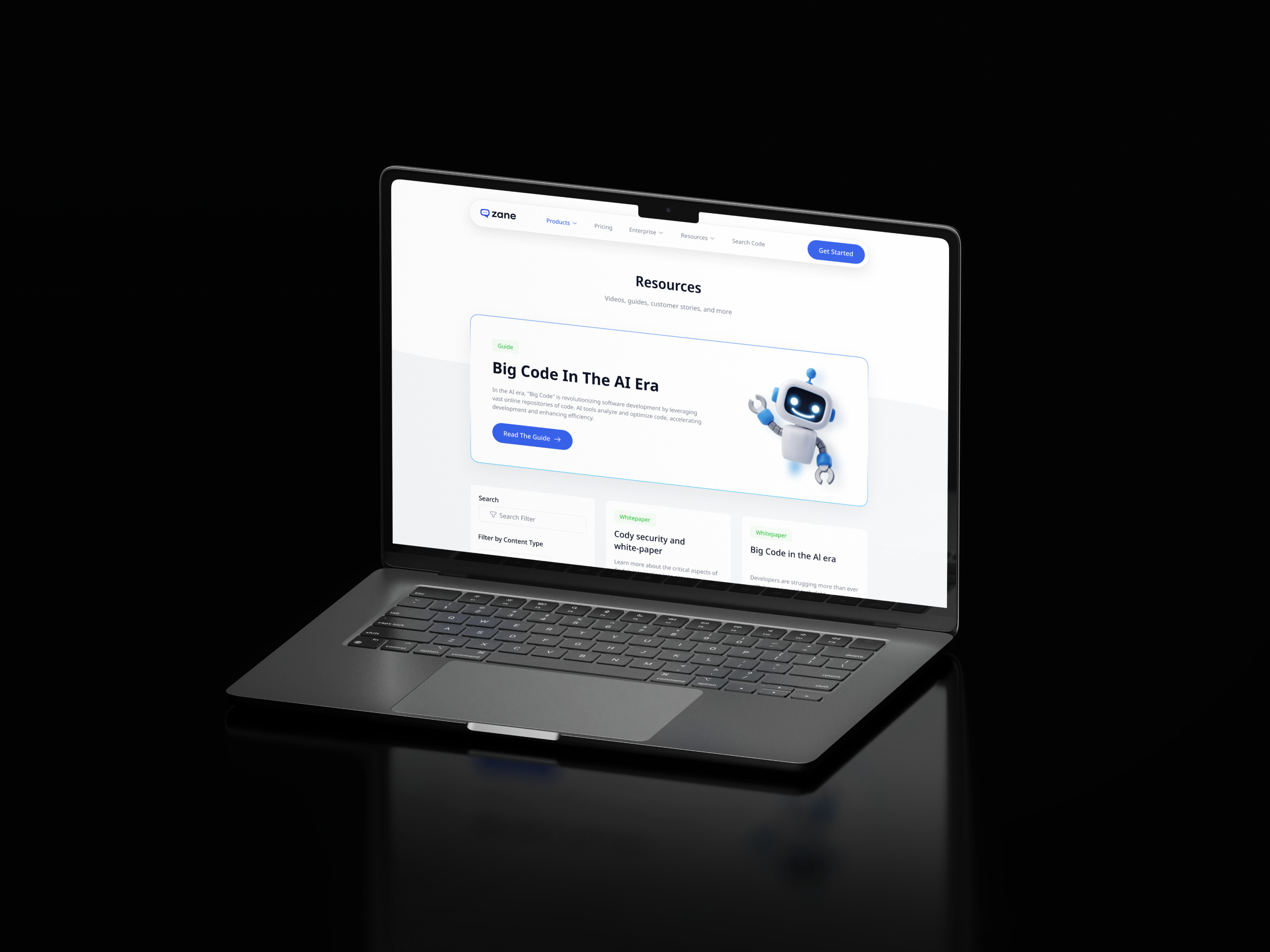 Zane AI coding assistant website design. branding logo saas landing page ui