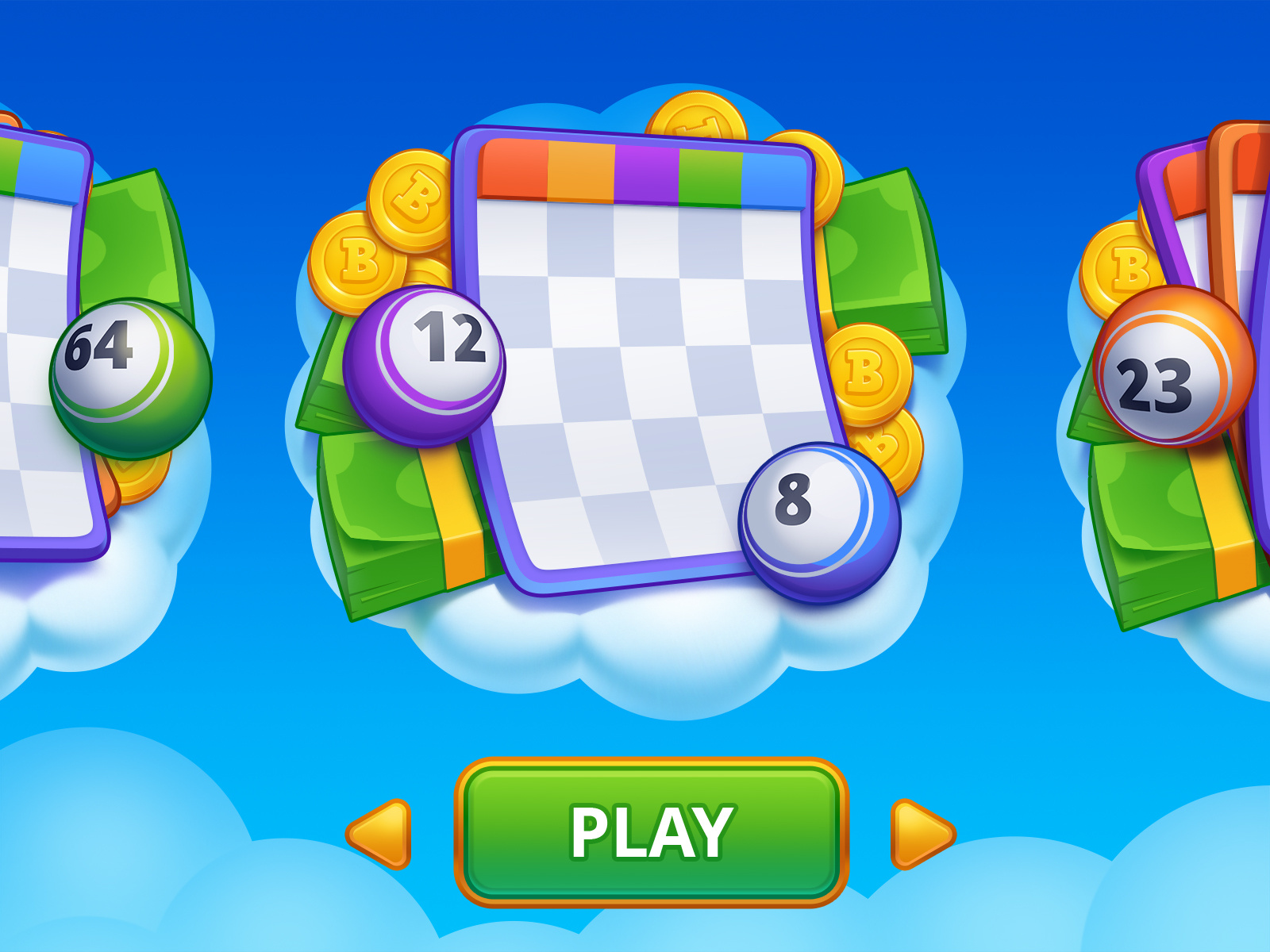 Bingo game illustrations balls bingo card coins colorful design illustration money play ui