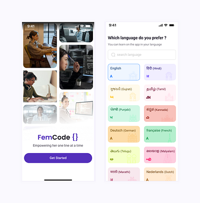 Fem Code - A female centric coding app figma product design ui uiux ux