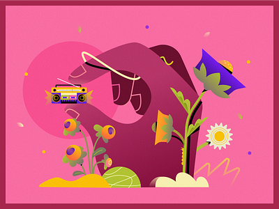 Tiny Treasure 24: Play that funky music! 80s boombox carnival flowers funky geometric gradients graphic design hands illustration lines music nature pink radio song speakers vector whimsical worms