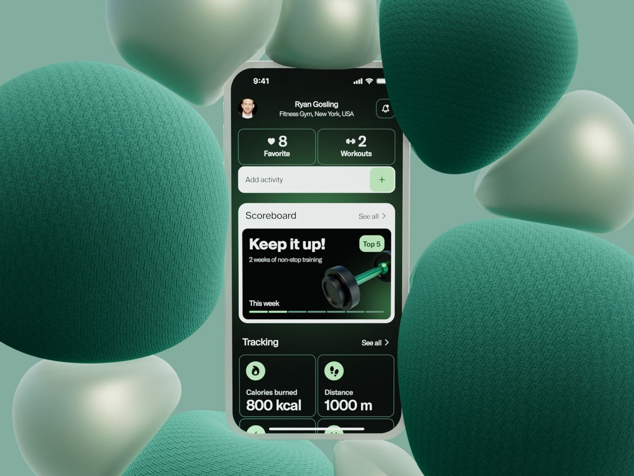 Fitness App 3d application calories cg cinema4d design fitness interface light mobile rozov run sport swim textures tracking ui visualisation wnbl workout