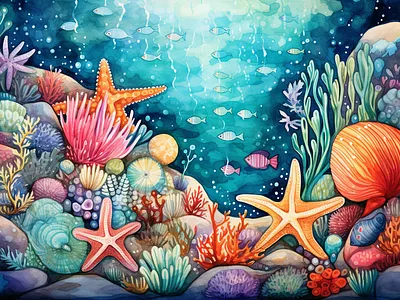 Serene underwater watercolor digital art art work corrals design digital art fish graphic design illustration sea animals sea shells