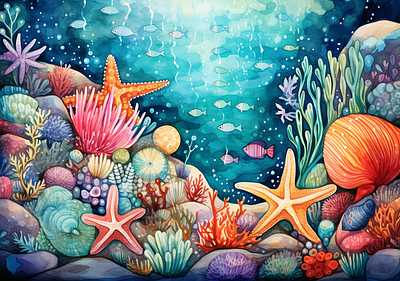 Serene underwater watercolor digital art art work corrals design digital art fish graphic design illustration sea animals sea shells