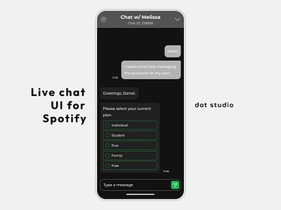 Live chat UI for Spotify app chat customer support design live chat live chat ui minimal minimalism minimalist mobile mobile design spotify ui ux ux design