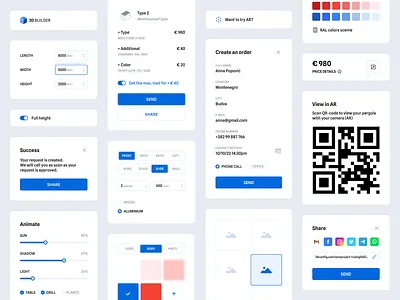 3D builder. Configurator system 3d animation ar builder checkout color palette components configurator confirmation design system focus order price prototype qr radio button selector share slider success