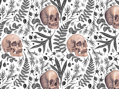 Skull and peonies design illustration textile typography