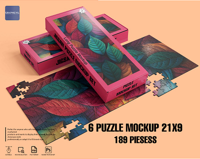 Puzzle Jigsaw Mockup 189 piece 21x9 puzzle set mockup