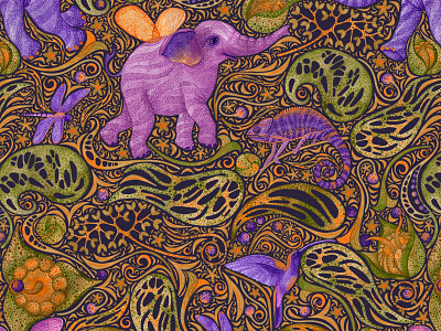 Elephant Dream cartoon design hummingbird illustration seamless pattern textile typography