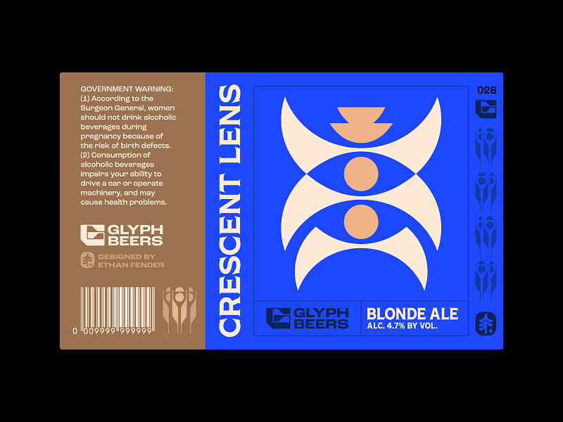 Glyph Beer 28 ancient artifact beer beer label blonde blonde ale crescent moon eye geomtric icon logo luna moons nature packaging design relic symbol talisman typography