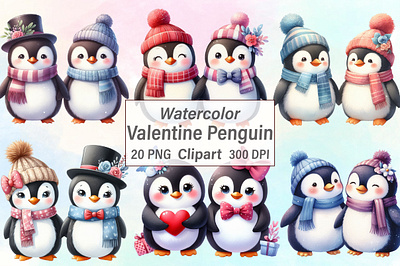 Watercolor Valentine Penguin Clipart cartoon