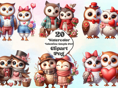 Watercolor Valentine Couple Owl Clipart collection