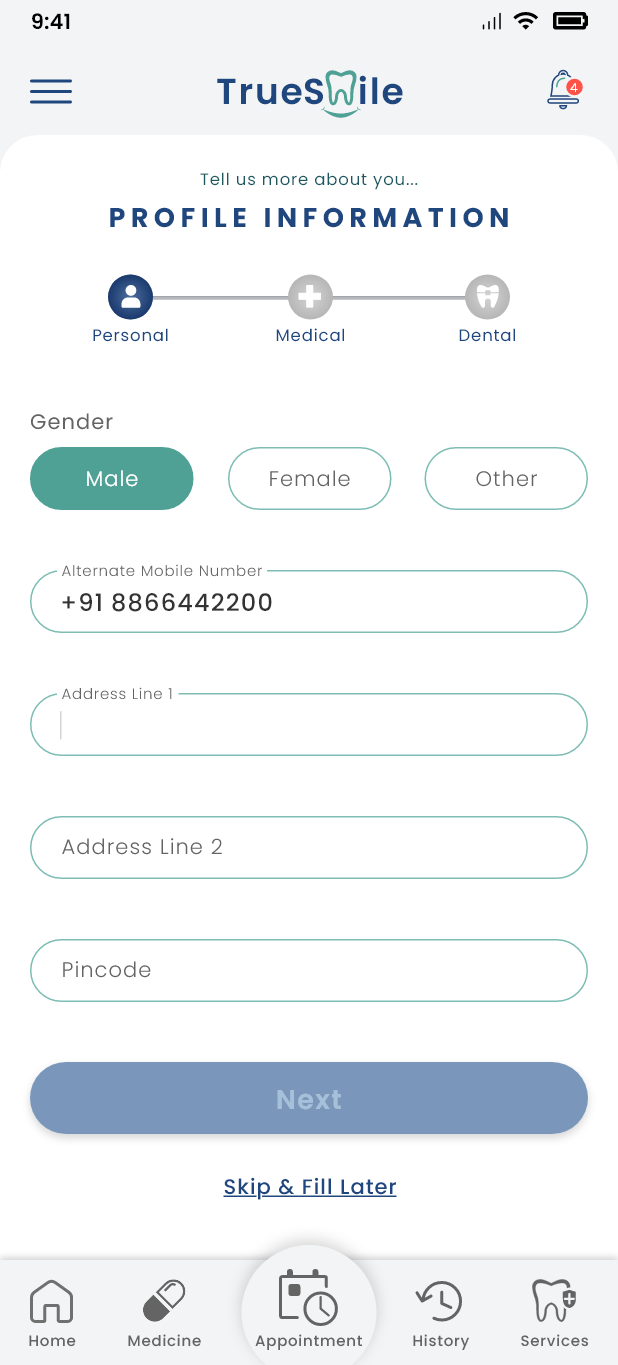 Profile information form address clinic contact dental dentist design doctor form gender information mobile profile smile teeth tooth truesmile ui