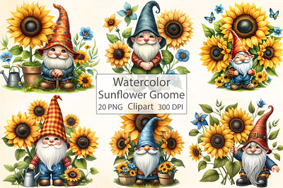 Watercolor Sunflower Gnome Clipart wedding