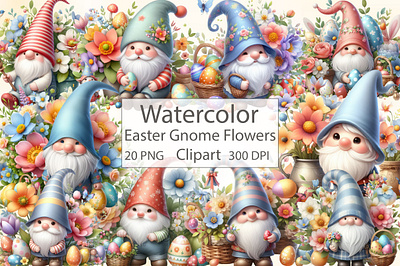 Watercolor Easter Gnome Flowers Clipart holiday