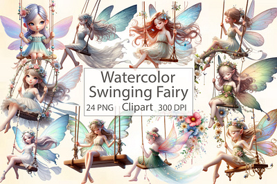 Watercolor Swinging Fairy Clipart animal