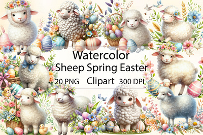 Watercolor Sheep Spring Easter clipart card