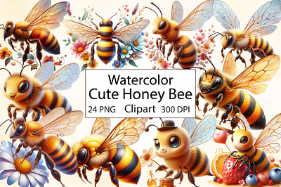 Watercolor Cute Honey Bee Clipart happy