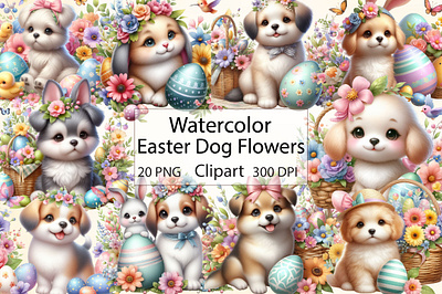 Watercolor Easter Dog Flowers Clipart happy